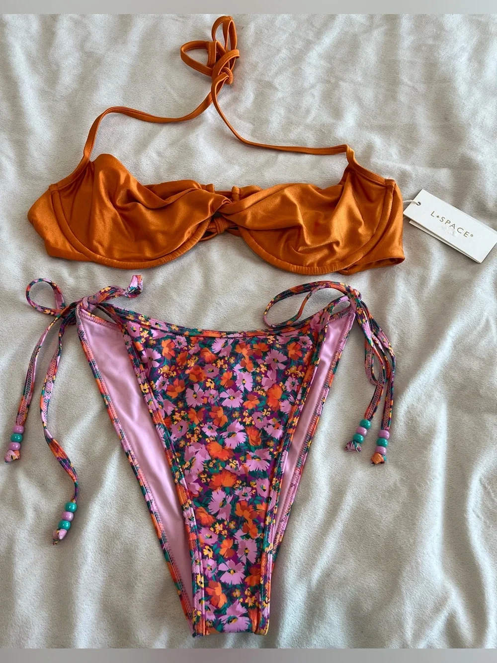 L*Space Bikini Set Toni Top & Levy Bitsy Bottom Large Orange Floral Resortwear